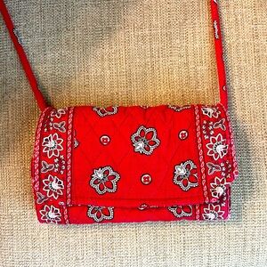 Vera Bradley, red bandanna, Crossbody wallet, Retired, red, white, and black.